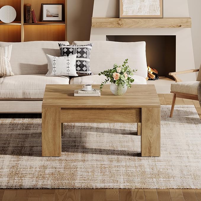 Tribesigns Square Coffee Table, 39-Inch Farmhouse Wooden Coffee Table with Sturdy Legs, Rustic Accent Center Table for Living Room, Easy Assembly, Light Brown