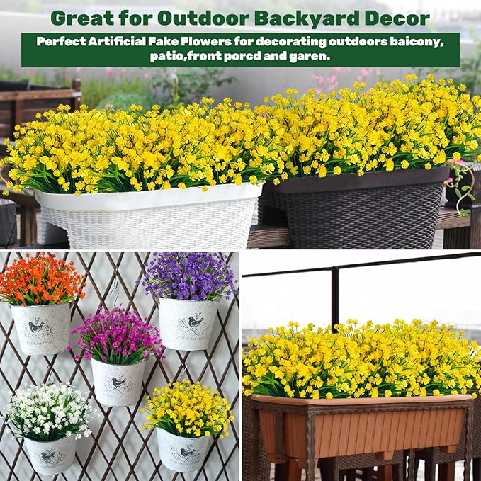 Lnoicy 20pcs Artificial Flowers for Outdoor,Plastic Flowers Decoration, UV Resistant Faux Flowers Shrubs, Artificial Plants for Indoor Outside Garden Home Wedding Farmhouse(Yellow)