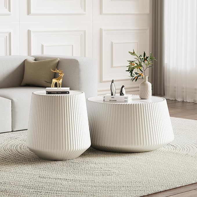 26.77" White Round Coffee Table, Drum Coffee Table with Sintered Stone Tabletop and Fluted PU Leather Covered and Stable Base, Circle Cocktail Tea Table for Living Room