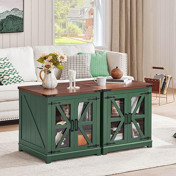 Farmhouse End Table Set of 2, 24" Large Sofa Side Table with Charging Station Glass Barn Door, Wood Nightstand with Adjustable Storage Shelf, Square Bedside Table for Living Room, Bedroom,Office-Green