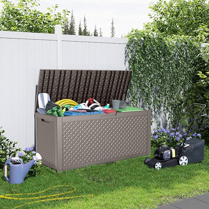 121 Gallon Deck Box with Lock - Resin Waterproof Outdoor Storage Box for Patio Furniture,Garden Tools,Cushions,Pool Accessories(Grey)
