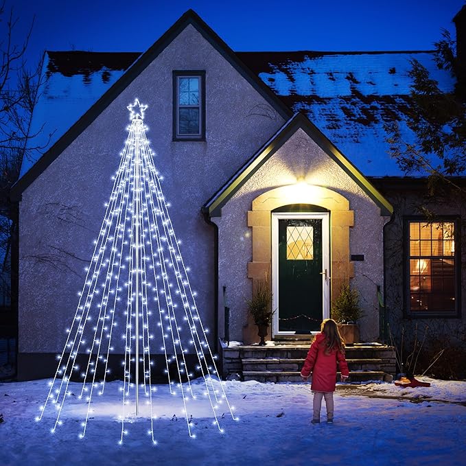 Flacchi 10 FT 404 LED Star String Lights Outdoor - Pole Set with Remote, Multiple Lighting Modes, Timer, and Waterproof Feature for Ultimate Holiday Decor (Cool White)