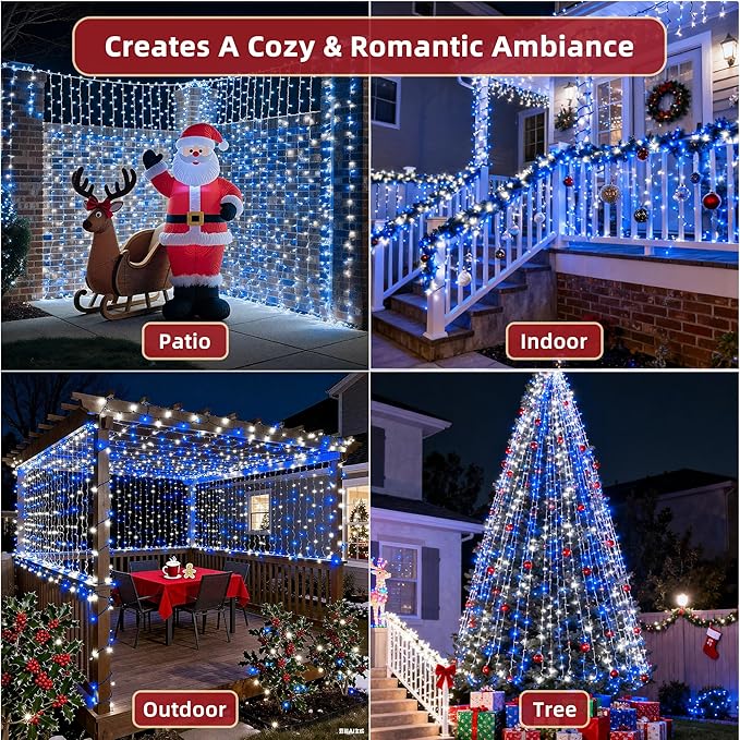 300LED 75FT Christmas Lights Indoor, LED Christmas Tree Decoration Lights with 12 Modes & Timer Memory, Dimmable Plug In Waterproof LED Xmas Light for Yard Trees Wedding Party Holiday Blue & White