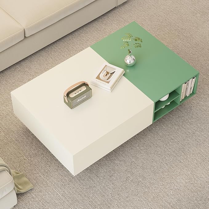 51.18" Modern Minimalist Coffee Table with Sliding Drawers & Open Storage Shelves, Storage Coffee Table for Apartment, Living Room,or Office, White & Green