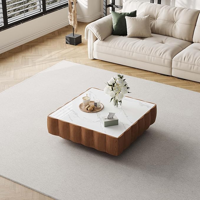 Fully Assembled Square Coffee Table Modern with Storage, 36.2" Toast Shape Luxury Wooden Center Table with Marble Look Table Top, for Living Room, Small Space