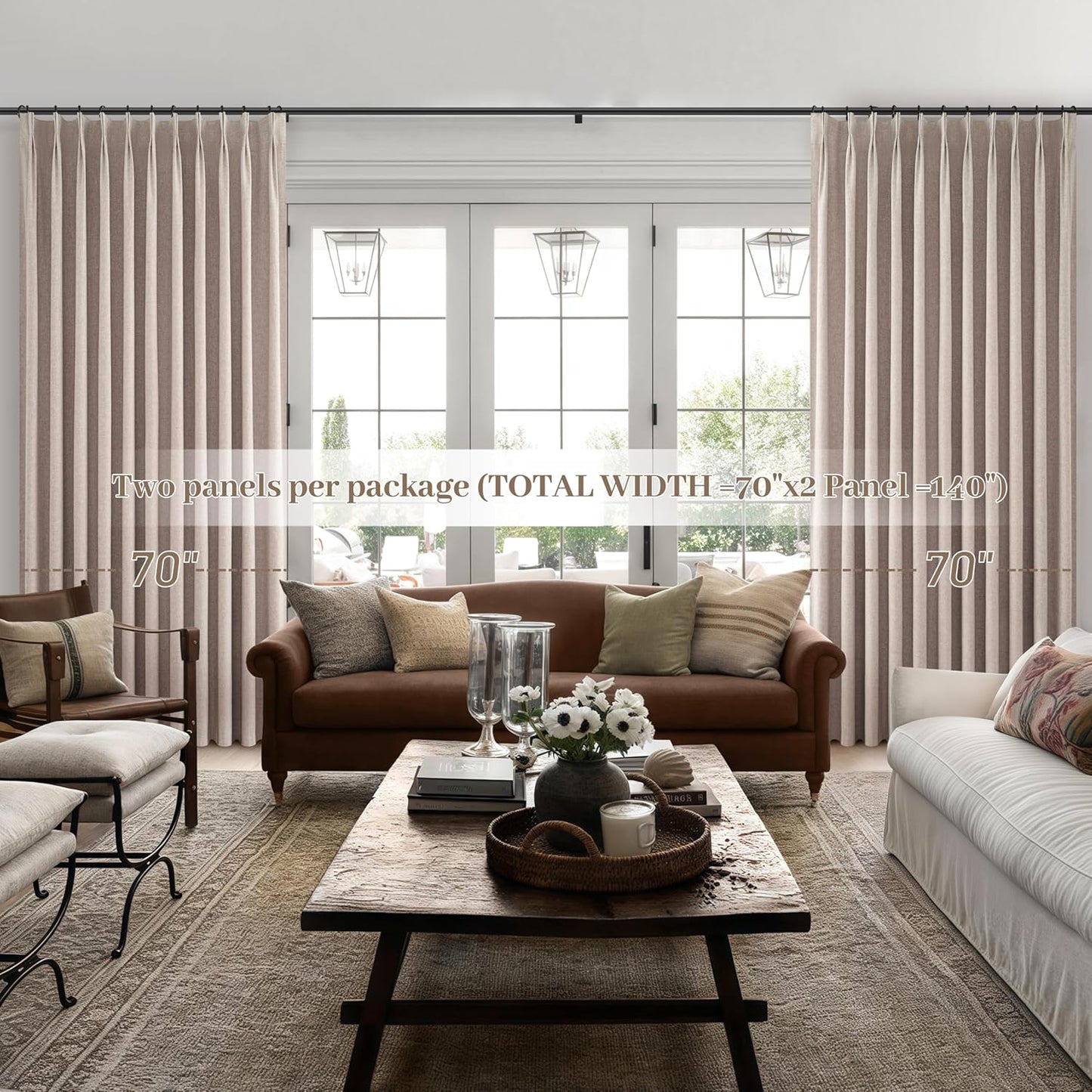 Extra Wide Curtains for Living Room, Blackout Linen Blend Drapes for Sliding Glass Doors Luxury Pinch Pleated Darkening Boho Curtains with Back Tab Ceiling Track for Large Window (70"Wx108"Lx2 Panels)