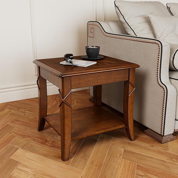 2-Set Solid Wood Side Table with Storage Shelf, Cherry Wood End Tables Living Room, Traditional Style End Table, Vintage Beside Table with Curved Legs for Apartment, Cherry Walnut Accent Table