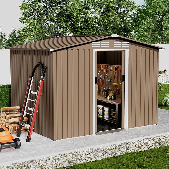 8x6FT Outdoor Storage Shed with Floor,Lockable Sliding Doors Outdoor Waterproof Tool Storage Sheds,Metal Storage Shed for Garden, Patio, Backyard(Brown)