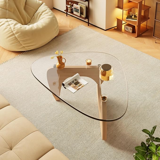 Coffee Tables Glass Small Farmhouse Coffee Table Mid-Century Modern Wood Center Table for Living Room, Original Transparent, 44 Inch