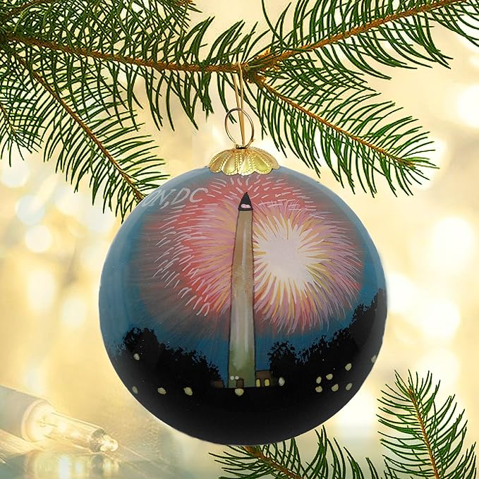 Blown Glass Christmas Ornament | Washington Monument Fireworks | Hand Painted Inside | Original Art | Includes Gift Box