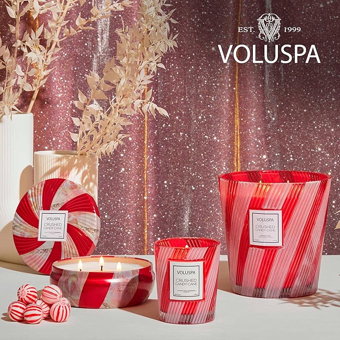 Voluspa Crushed Candy Cane, 3 Wick Tin Candle, 12 oz, 40 Hour Burn Time, Coconut Wax for Clean Burning, Handcrafted in The USA