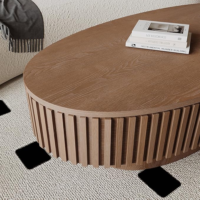 47.2''Oval Coffee Table with Storage, Mid Century Modern Fluted Drum Center Tables with Lid, Solid Wood Side Pedestal Coffee Table Tea Table for Living Room, Bedroom, Apartment-Walnut