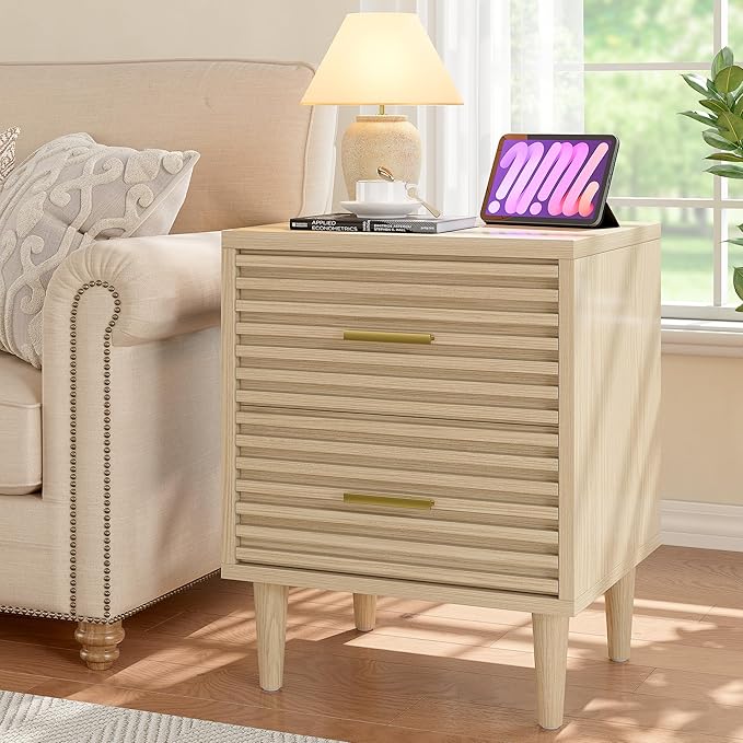 Alohappy Nightstand, Bedside Table for Bedroom, End Table with 2 Drawers, Mid Century Modern Side Table with Storage Bed Side Table Vintage Furniture Wood Accent Table for Living Room, Oak 1pc