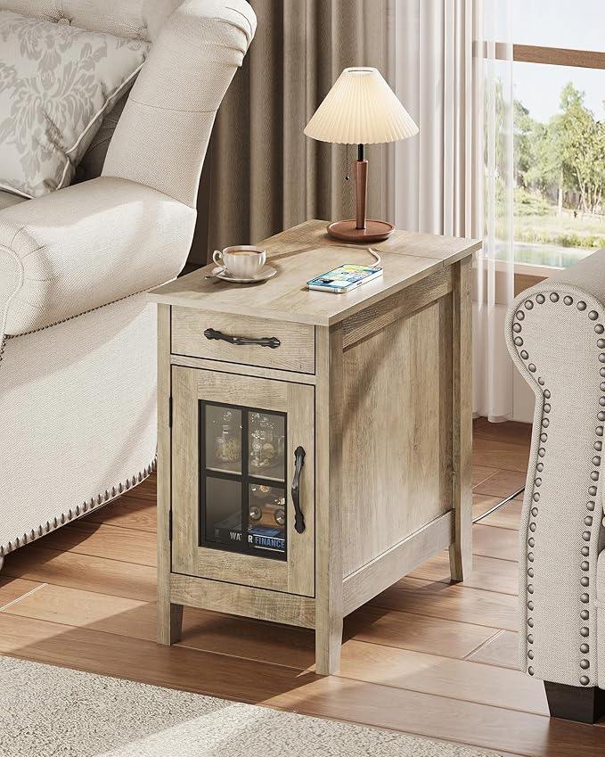 WLIVE End Table with Charging Station, Narrow Side Table for Living Room, Farmhouse Night Stand with Storage, Small Wooden Cabinet Nightstand with USB Ports and Outlets, 23.7" D x 13.78" W x 23.7" H