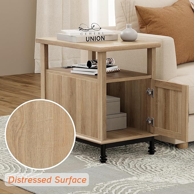 WAMPAT Set of 2 End Tables with Charging Station, Narrow Side Table Night Stand with Storage Cabinet, Wooden Nightstand with Metal Legs, Bedside Table for Bedroom, Oak