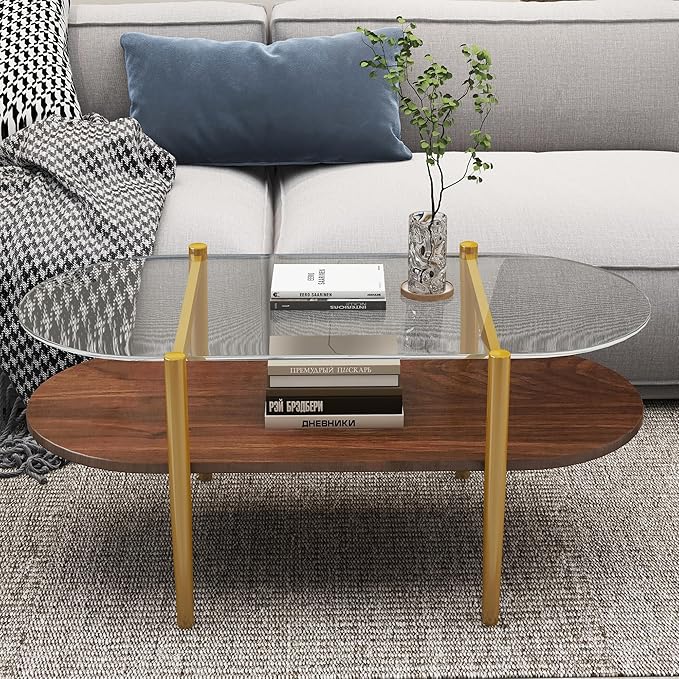 Modern Oval Glass Coffee Tables, 2-Tier Mid Century Modern Center Table, Tempered Glass Tabletop & Golden Metal Frame, Living Room, Office