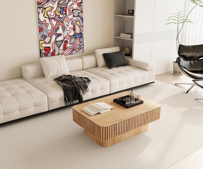 38.6" Lift Top Coffee Table, Modern Fluted Tea Table with Hidden Storage for Living Room, Apartment or Office, Natural Wood