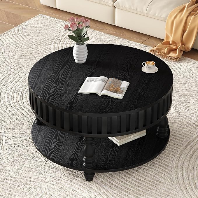 Homora Farmhouse Fluted Coffee Table with Hidden Storage, Rustic Round Center Table with Solid Wood Legs, Circle Wooden Tea Table for Small Space Living Room, 31.49''L × 31.49''W × 16.53''H, Black