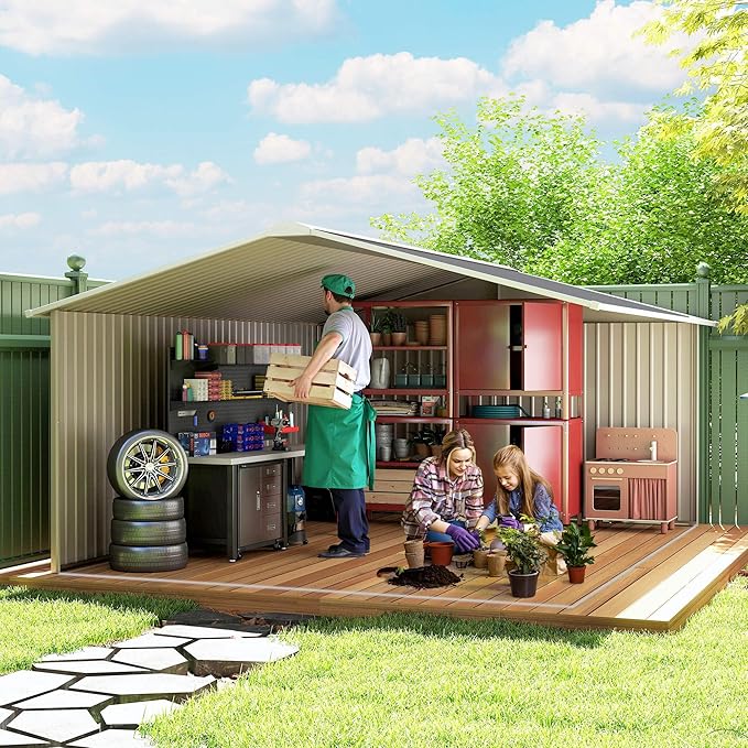 Outsunny 11' x 13' Outdoor Storage Shed, Garden Tool Metal Shed with Foundation Kit, Double Lockable Door, Air Vents and Sloping Roof, for Backyard, Patio, Lawn, Dark Gray