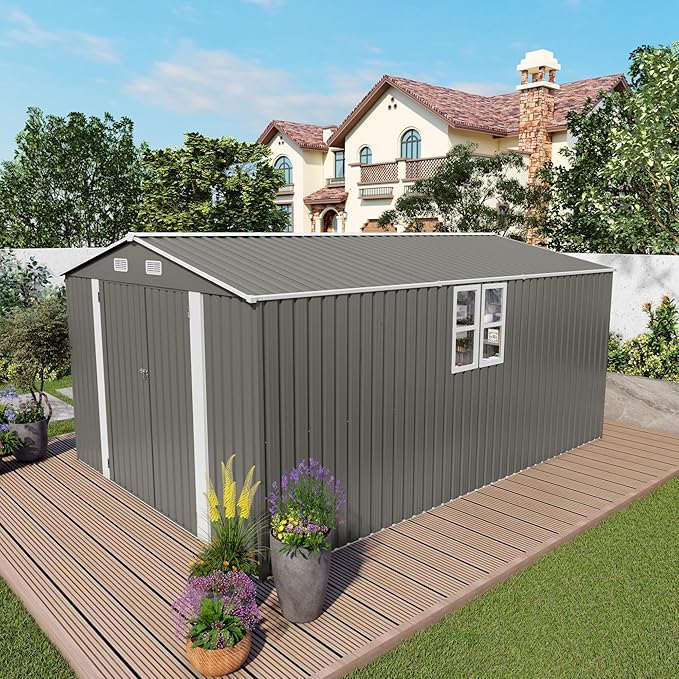10x14 FT Outdoor Storage Shed, Large Metal Garden Shed with Side Door, Outside Tool Sheds with 2 Windows, Waterproof Storage Building with 4 Air Vents for Backyard, Patio, Lawn, Gray