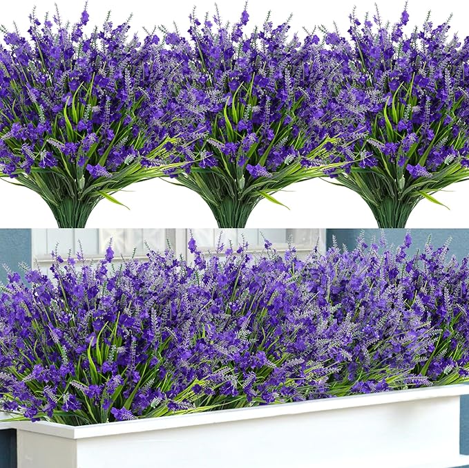 20 Bundles Artificial Lavender Flowers for Outdoors Fake Silk Flowers Faux Plants UV Resistant for Indoor Outside Spring Porch Garden Window Table Box Office Home Decorations, Deep Purple
