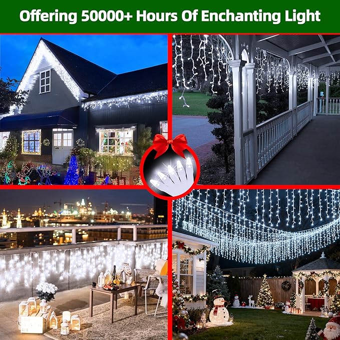 504 LED Christmas Lights with 112 Drops, 50ft 12 Modes Cool White Fairy String Lights with Timer Dimmable, Waterproof Twinkle Lights for Indoor Outdoor Holiday Wedding Party Eaves Yard Christmas Decor