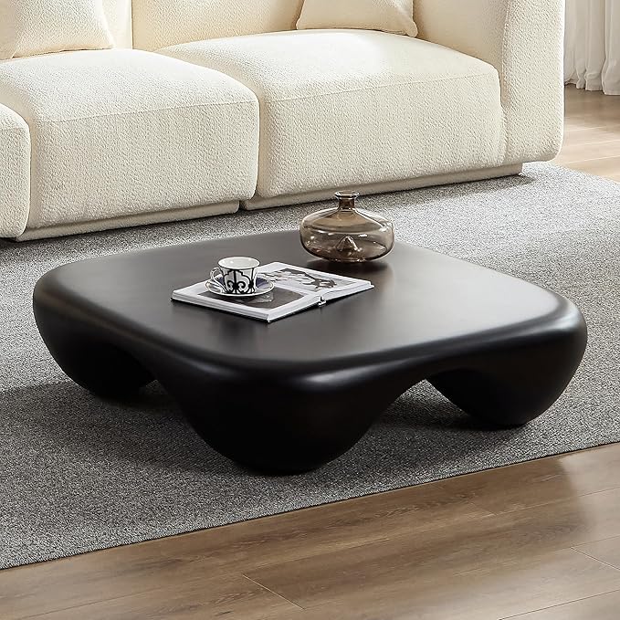 Cloud Square Modern Coffee Table, Heavy Duty Low Profile End Table with Stable 4-Leg Base and Strong Tempered Glass Top, Cream Style Sofa Side Table (Black Matte)
