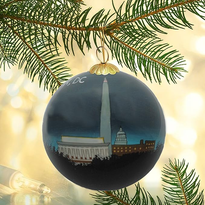 Blown Glass Christmas Ornament | Washington Monument at Night | Hand Painted Inside | Original Art | Includes Gift Box