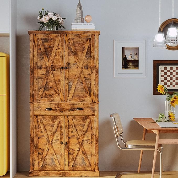 IRONCK Kitchen Pantry Storage Cabinet 72.6" H, with Barn Doors, Drawer, 4 Adjustable Shelves, Freestanding Cupboard for Dining Room Living Room, Laundry, Vintage Brown