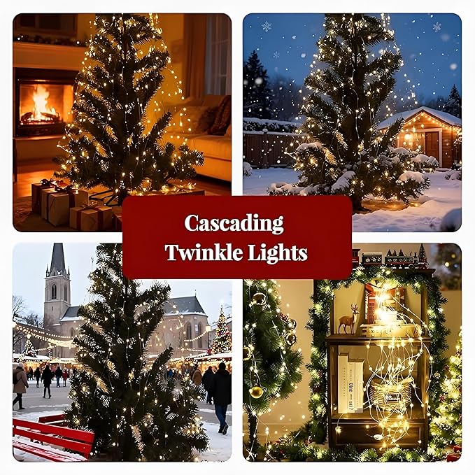 2026 Upgrade Cascading Twinkle Lights for Christmas Tree Waterfall Lights, 8 Modes 100-600 Christmas LED Firefly Twinkle String Lights Battery Powered (Warm Light,1m/3.28ft 20 Strips 200 Lights)