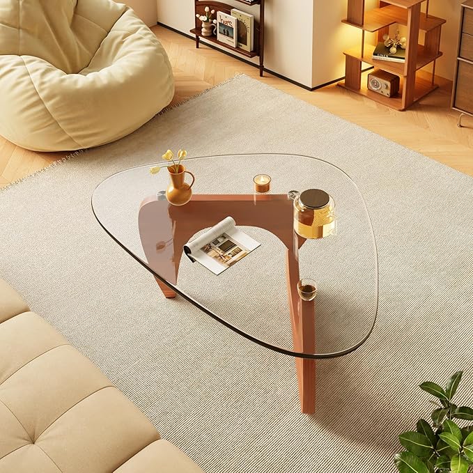 Coffee Tables Glass Small Farmhouse Coffee Table Mid-Century Modern Wood Center Table for Living Room, Walnut Transparent, 44 Inch