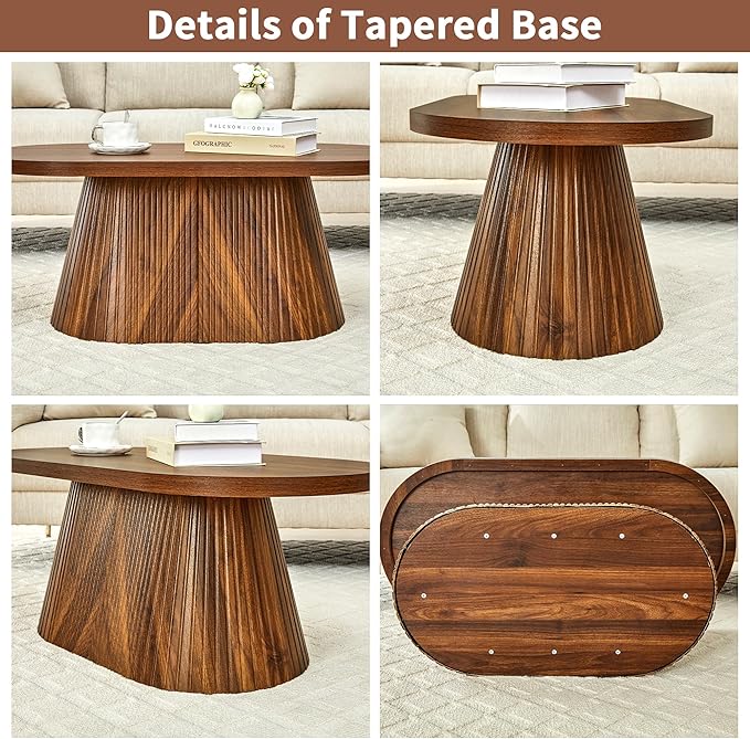 Fluted Coffee Table with Sturdy Tapered Base, Wood Oval Small Coffee Table, Mid Century Modern Center Table for Living Room Office (Walnut 1)