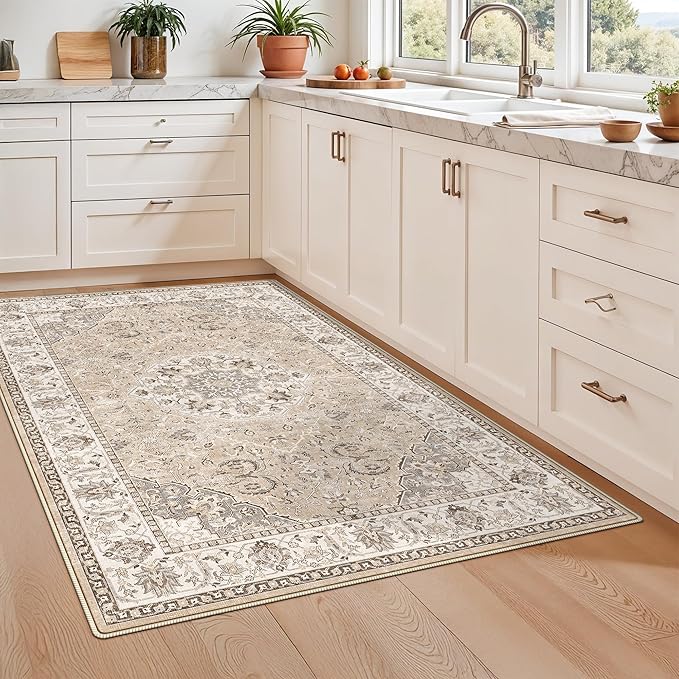 Living Room 4x6 Area Rugs: Vintage Farmhouse Washable Non-Slip Rug for Bedroom Dining Room Ultra Soft Indoor Carpet for Nursery Kitchen Durable Low-Pile Neutral Floor Mat for Pet Owners(4x6 Beige)