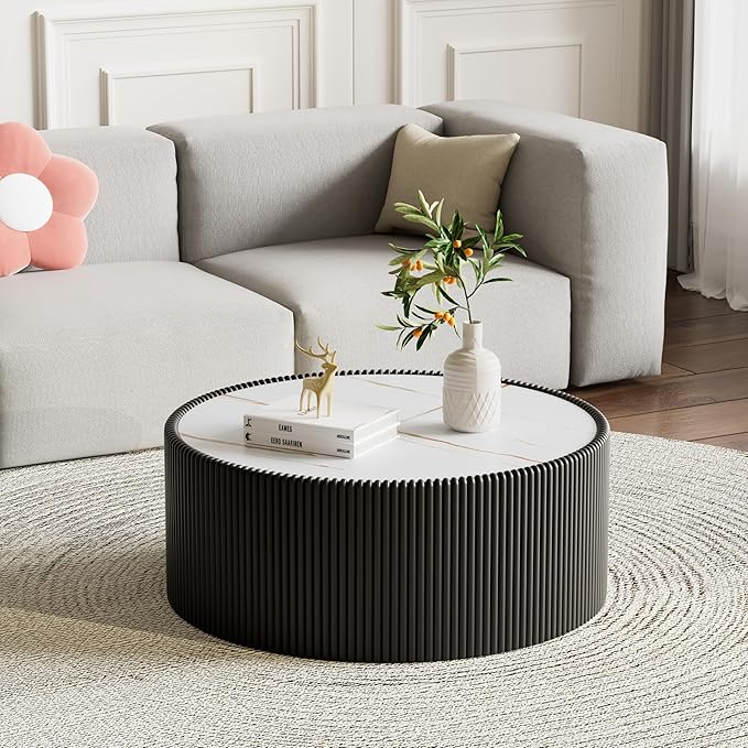 Round Living Room Table Set, 29.52" Black Drum Center Table and 17.71" White Coffee Table Set, 2 Pieces Coffee Table Set with Sintered Stone Tabletop, Fluted PU Leather Covered and StableBase