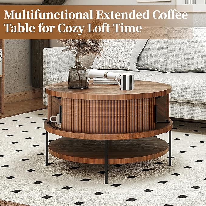 AQY Round Flip Top Coffee Table with Storage, 31.4" Multifunctional Wooden Center Table with Large Hidden Compartment & Open Shelves, Modern Coffee Table for Living Room, Office, Assembly Required