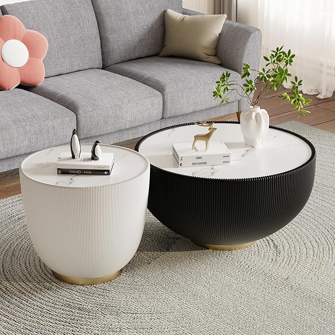 27.55" Black Round Coffee Table, Drum Coffee Table with Sintered Stone Tabletop and Fluted PU Leather Covered and Metal Base, Circle Cocktail Tea Table for Living Room