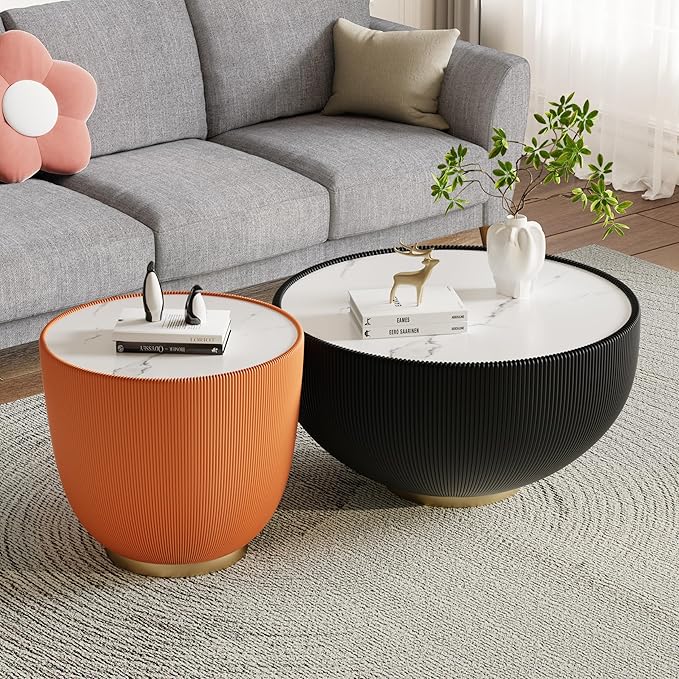 19.69" Orange Round Coffee Table, Drum Coffee Table with Sintered Stone Tabletop and Fluted PU Leather Covered and Metal Base, Circle Cocktail Tea Table for Living Room
