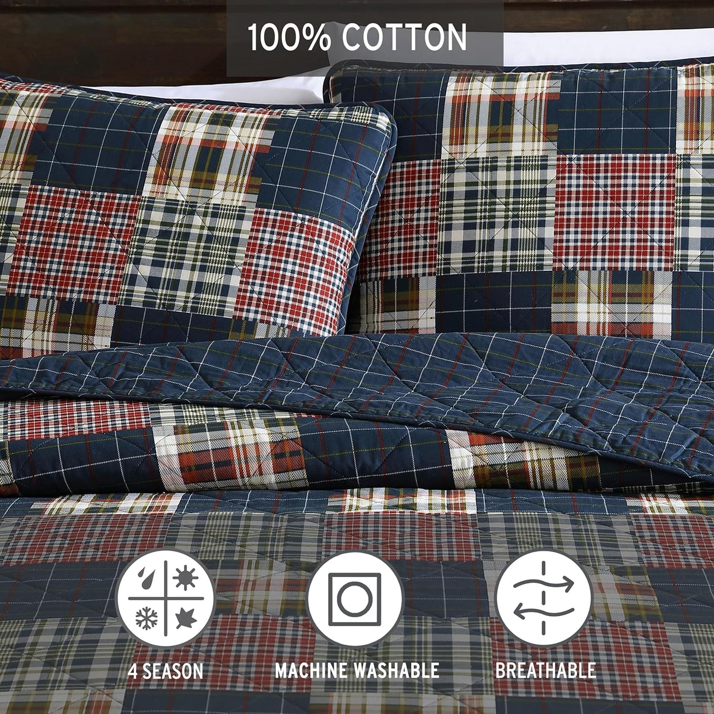 Eddie Bauer - Twin Quilt Set, Cotton Reversible Bedding with Matching Sham, Lightweight Home Decor for All Seasons (Madrona Navy/Red, Twin)