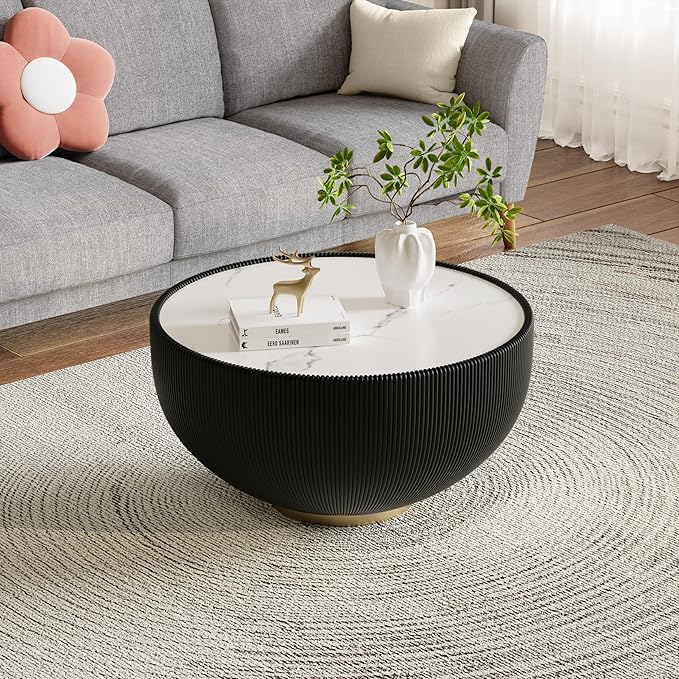 Round Living Room Table Set, 27.56" Black Drum Center Table and 19.69" Black Coffee Table Set, 2 Pieces Coffee Table Set with Sintered Stone Tabletop, Fluted PU Leather Covered and Metal Base