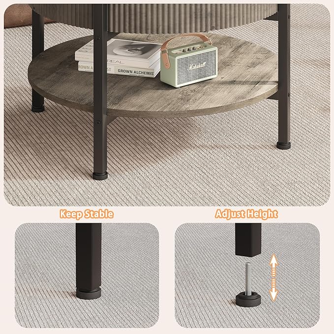 Small Round Coffee Table with Fluted Panel, Lift Top Coffee Table with Hidden Compartment and Open Shelf, Modern Lift Tabletop Dining Central Table for Living Room, Home Office, Grey