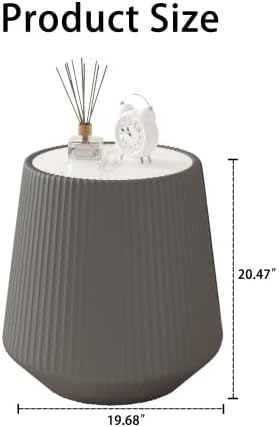 19.68" Grey Round Coffee Table, Drum Coffee Table with Sintered Stone Tabletop and Fluted PU Leather Covered and Stable Base, Circle Cocktail Tea Table for Living Room