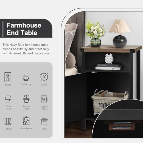 Black Farmhouse Nightstand, Side Table, End Table with Barn Door and Shelf, Rustic Modern Bed Night Stand for Bedroom, Living Room