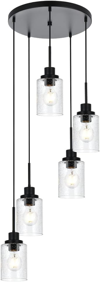Pendant Light Fixture 5 Light Black Cluster Chandelier Seeded Glass Farmhouse Pendant Lighting for Kitchen Islands, Modern Dining Room House Foyer Entryway Bedroom Living Room Ceiling Lights