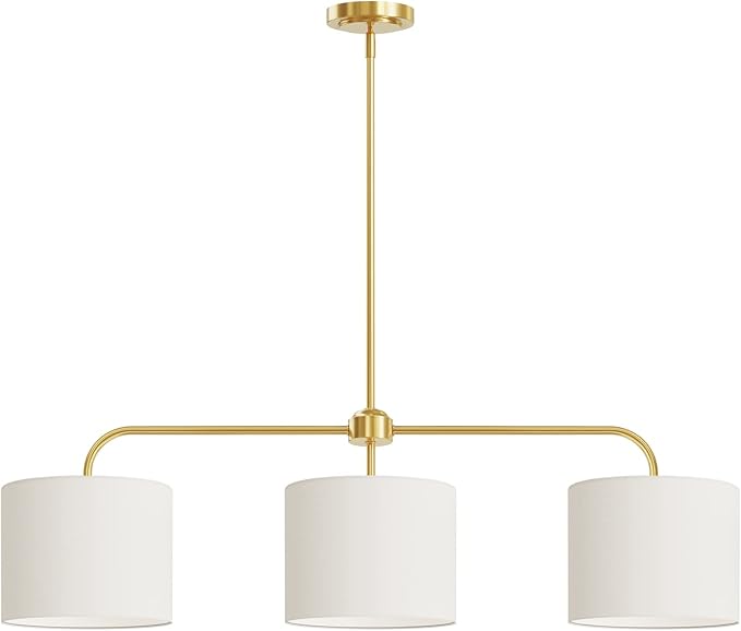 3-Light White Linen Drum Shade Chandelier with Polished Gold Metal Linear Pendant Light Fixture for Kitchen Island, Dining Table, E26, 180W