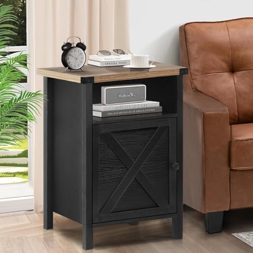 Black Farmhouse Nightstand, Side Table, End Table with Barn Door and Shelf, Rustic Modern Bed Night Stand for Bedroom, Living Room