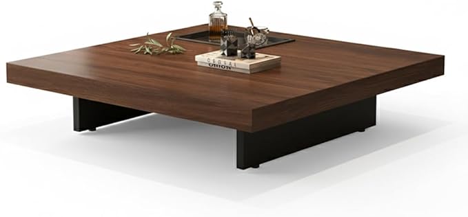 Modern Square Coffee Table for Living Room, Low Profile Wood Center Table with 2" Thick Tabletop & Optional Storage Tray, Sturdy Minimalist Design (31.5"/39.4" Black/Walnut)