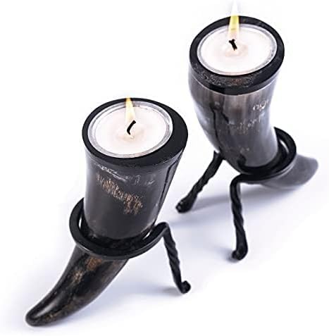 Genuine Ox-Horn Candle Sticks (2) with Tea Light Candles and Wrought Iron Stands Included