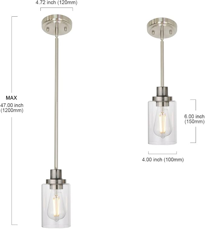 MELUCEE Mini Pendant Lights Brushed Nickel 1-Light with Clear Glass Shade, Contemporary Modern Light Fixtures Ceiling Hanging for Dining Room Kitchen Island Sink