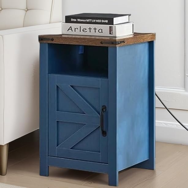 Navy Blue Farmhouse Nightstand Set of 2, Rustic End Table with Barn Door and Shelf, Bedside Table with Charging Station for Living Room, Bedroom