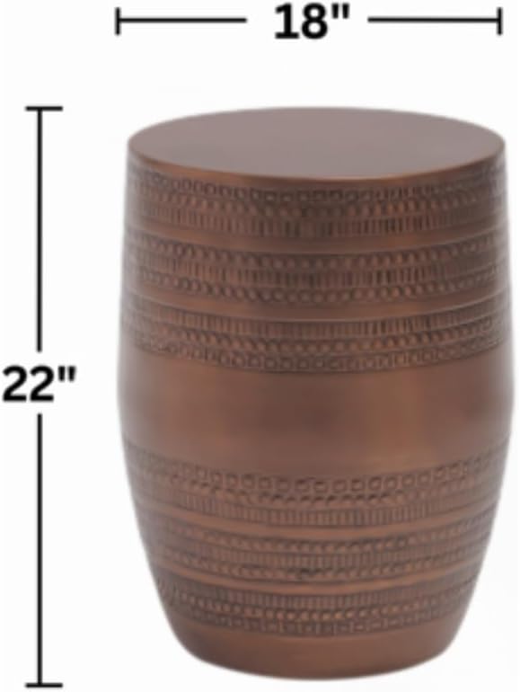 Modern Round Aluminum Hammered Embossed Texturing Metal End Table, Hand-Stamped Iron, Boho Accent Side Table, Drum Shaped, for The Living Room and Bedroom, Copper